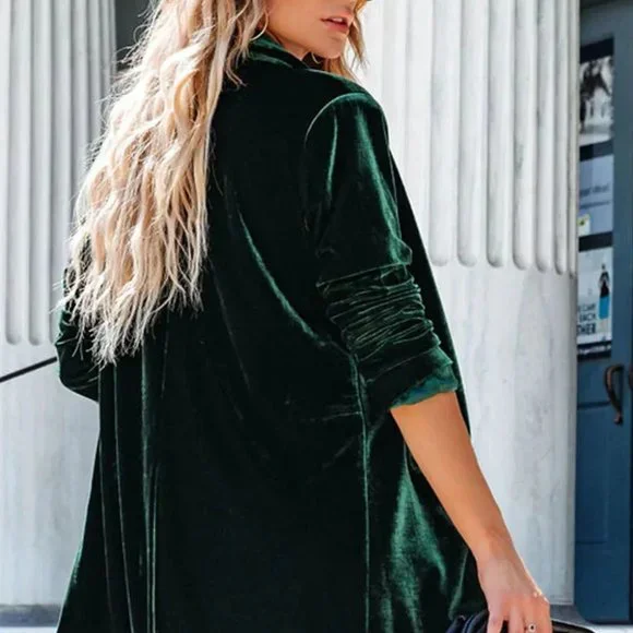 Green Casual Pocketed Velvet Blazer - Picture 4 of 7